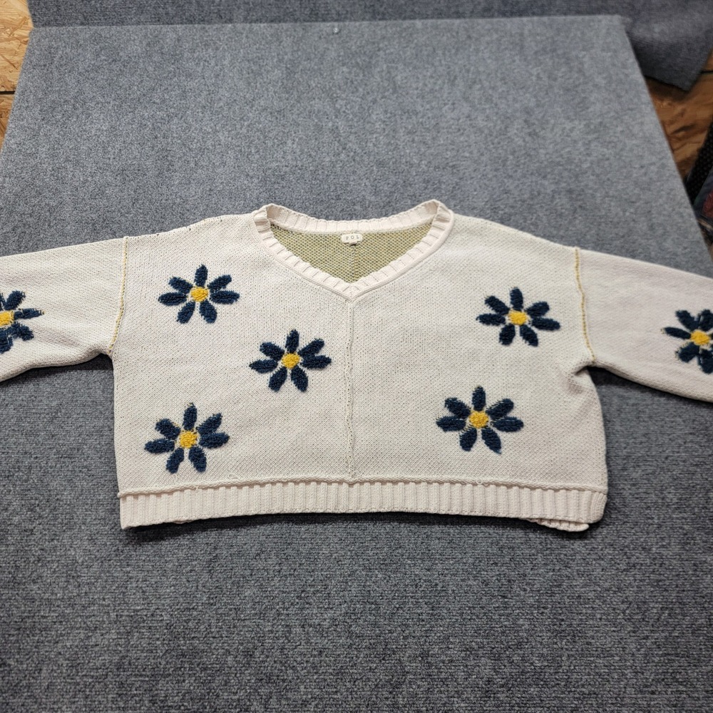 POL Clothing Daisy Floral Knit Cropped Sweater Cream Navy Yellow UST77 Size M